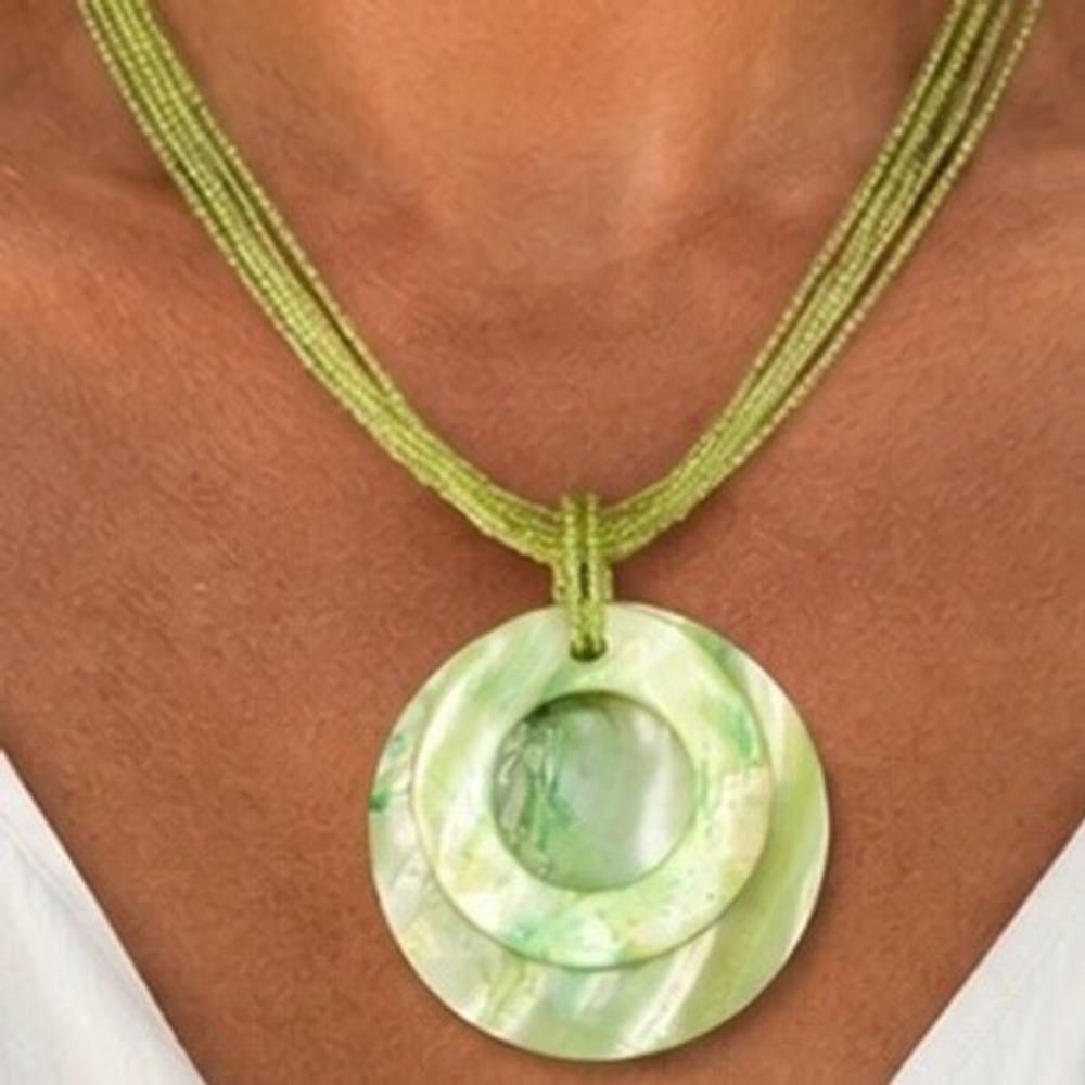 Seashell Multi Strand Seed Bead Necklace Lime Green Shell Double Circle Pendant